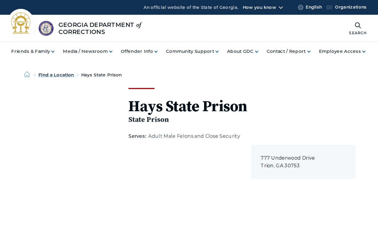 Hays State Prison release search and facility listing